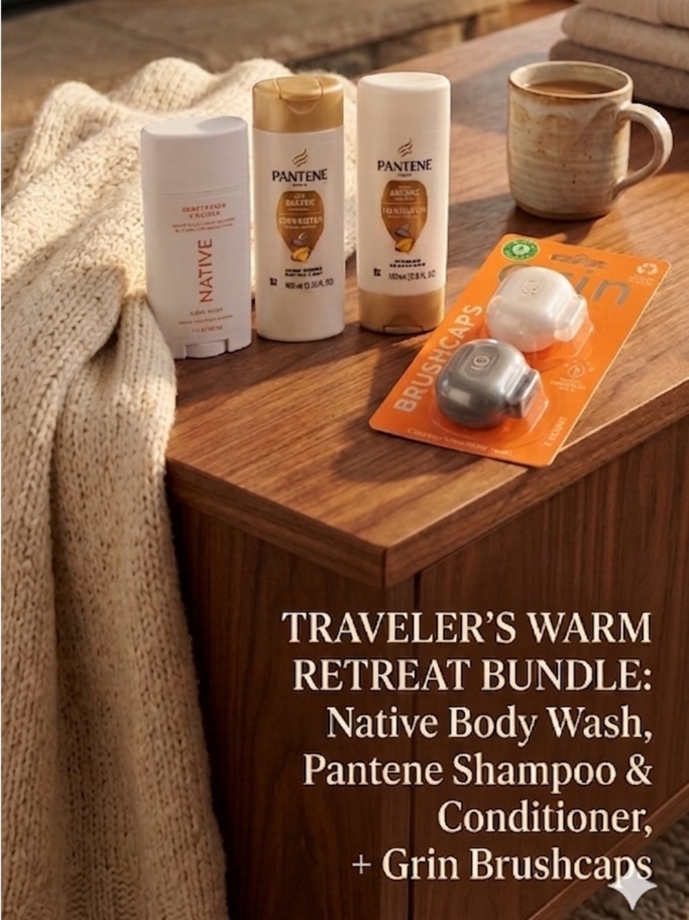 Traveler Pantene Shampoo & Conditioner + Native Body Wash + Grin Brushcaps